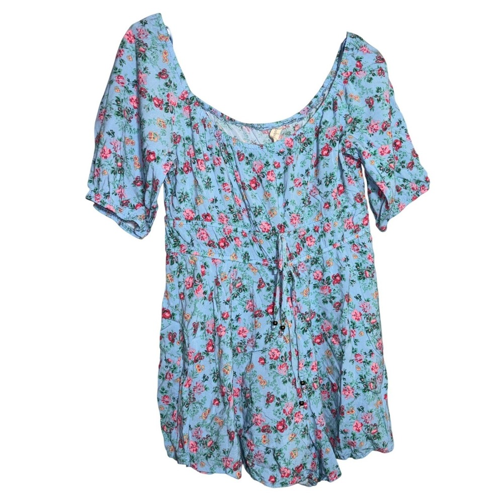 Bebop Womens L Floral Romper Blue Pink Smocked Waist Short Sleeve Cottagecore